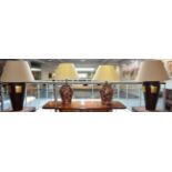 A Pair of Modern Brown and Gilt Decorated Ceramic Table Lamps, fitted for electricity, 61cm high,