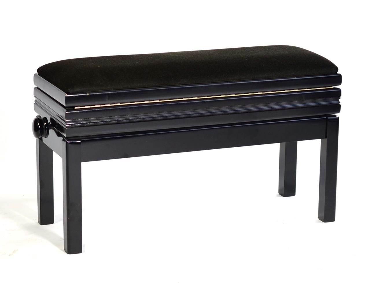 A Reproduction Ebonised Adjustable Duet Music Seat, of recent date, upholstered in black overstuffed