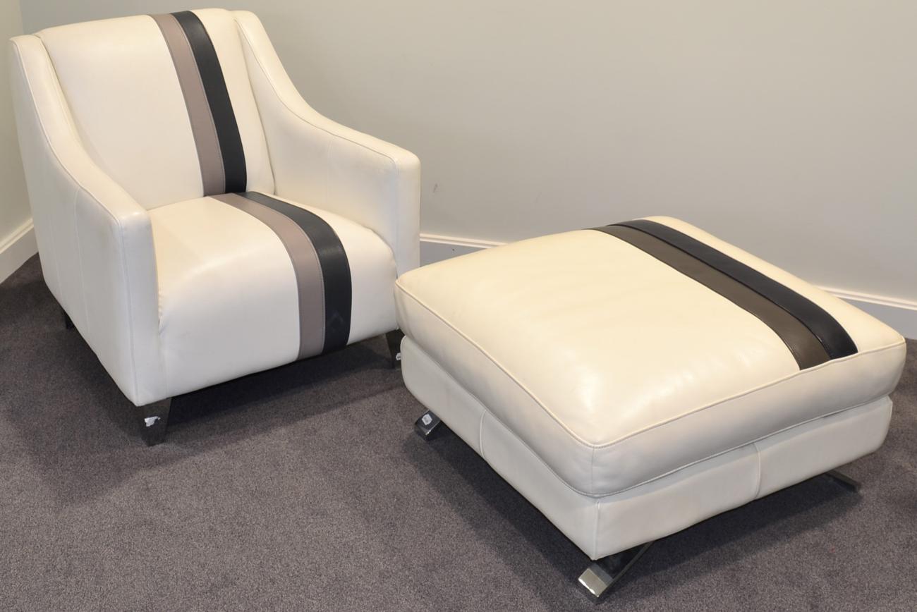 A White Leather and Two Tone Grey Striped Leather Armchair, of recent date, raised on polished