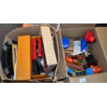 Two boxes of wooden, tin plate and other toys