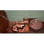 Two African agricultural tools, Zambia; together with a Zambian copper tray; wall clock and