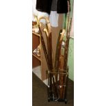 Thirteen various walking sticks and thumb sticks; a brass stick stand