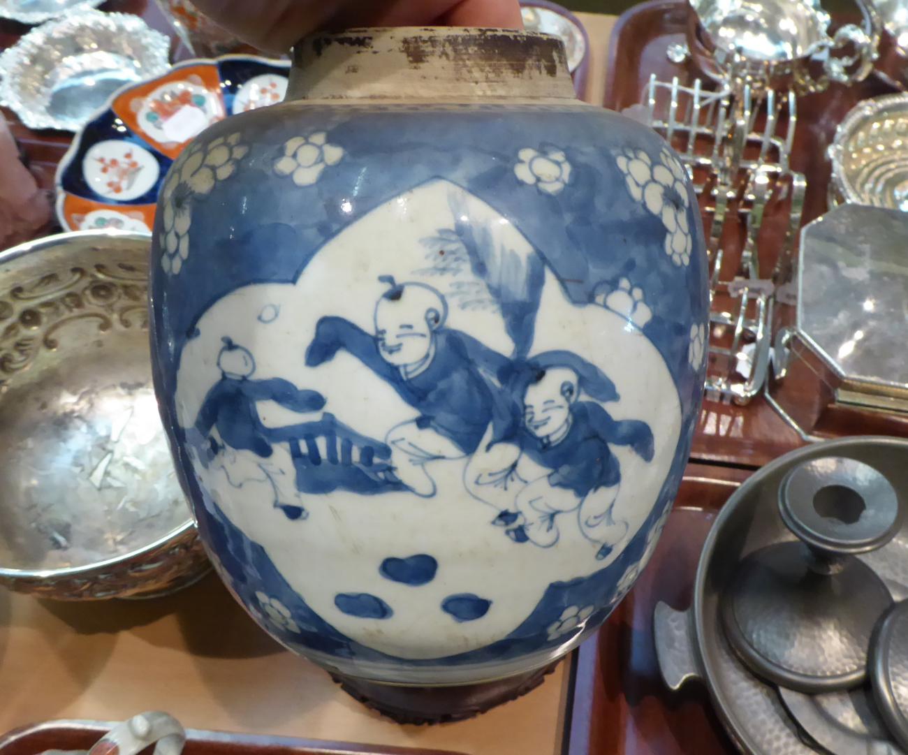 A Chinese porcelain cracked ice ginger jar, decorated with children playing, with a later wooden - Image 5 of 6