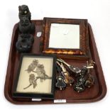 An 18th century Irish carved oak quill holder, two carved owl models, 19th century tortoiseshell