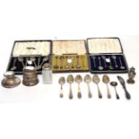 Miscellaneous silver including a cased set of six coffee spoons, Birmingham marks, retailed by