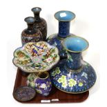 A quantity of 20th century cloisonne enamel items including three pairs of vases, a pedestal bowl,