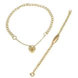 A 9 carat gold curb link bracelet with an engraved padlock clasp, length 18cm, and a 9 carat gold