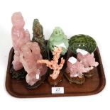 A Chinese green jade censer with cover; a Chinese pink jade figural group with another smaller and