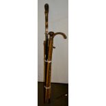 Two silver topped walking canes; a bamboo sword stick, circa 1900; and five other sticks (8)