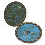 Two early 20th century cloisonne enamel chargers the first decorated with foliage and insects the