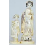 A Japanese Meiji period ivory okimono of a Geisha, red seal mark, 17 cm in height; together with a