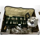 A set of twelve silver coffee spoons and tongs, Josiah Williams & Co, London 1913; three silver soup