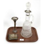 Silver mounted claret jug, spill vase and cigarette case