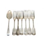 A set of six Victorian silver fiddle pattern table forks, William Eaton, London 1837/38, and a