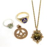 A 9 carat gold blue enamel Masonic signet ring, finger size X, a 9 carat gold Masonic pendant; a 9