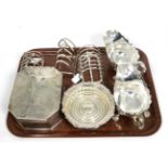 A pair of electroplated George III style sauce boats; a silver plated table box with cut corners;