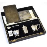 Case silver condiment (lacking spoon); silver cigarette case; and another