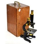 W Watson & Son K mk II microscope no.75906, black lacquered finish, with three lens turret, course/