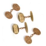 A pair of 9 carat rose gold foliate engraved double oval chain linked cufflinks, and a second pair