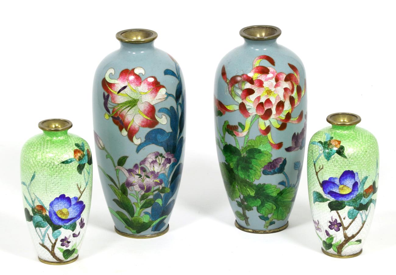 Two pairs of 20th century cloisonne enamel vases decorated with multi coloured flowers