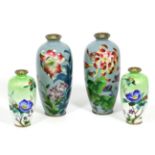 Two pairs of 20th century cloisonne enamel vases decorated with multi coloured flowers