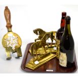 Pair of brass horse fire side ornaments; cap badge; World War II tankard; port; etc (two trays)