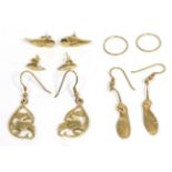 Five pairs of 9 carat gold earrings; comprising a pair of sycamore seed earrings, length 5cm, with