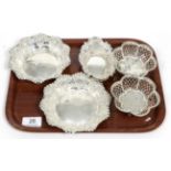 Three pairs of silver bon bon dishes, the largest 14cm diameter, 9.5ozt (6)