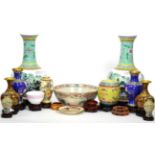 A pair of 20th century Chinese bottle vases; a famille rose bowl (restored a.f.); two pairs of
