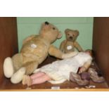 Wax doll, two teddy bears, baby shoes etc