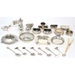 Assorted silver and plated cruets, ashtrays and other small items, various dates and makers (qty)