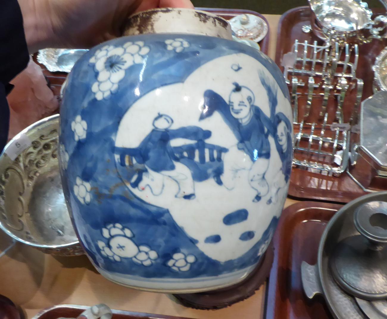 A Chinese porcelain cracked ice ginger jar, decorated with children playing, with a later wooden - Image 6 of 6