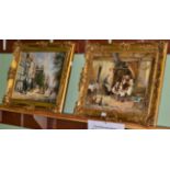 Two contemporary oil on canvas pictures one depicting a street scene with figures and horse and