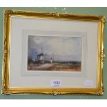 A watercolour signed W. Hindle depicting figures beside a windmill