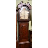 An oak and mahogany thirty hour longcase clock, arch painted dial inscribed W. Prior, Skipton, later