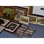 A quantity of prints including 19th century figural scenes, coach scenes, a gentleman reading beside