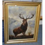 An oil on canvas depicting a stag, signed H Hutchinson, dated 1910