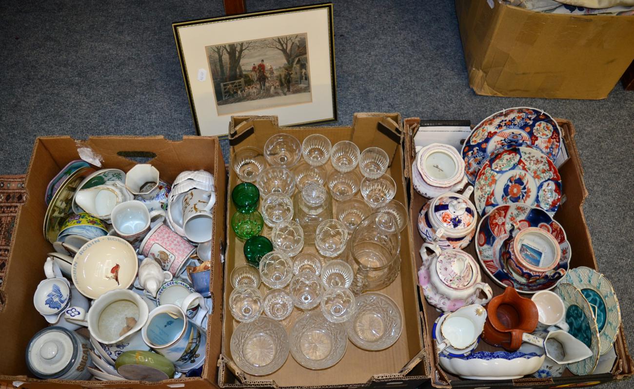 Mixed 19th/20th century ceramics including Imari plates, a bowl, glassware, etc, together with a
