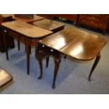 A mahogany drop leaf gate leg table, an early 19th century fold over tea table (a.f.) (2)