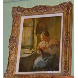 John Rennie Mackenzie Houstan RSW (1856-1932) An elderly lady knitting in an interior, signed, oil