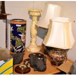 Two modern table lamps decorated with butterflies and birds, with shades; a copper ashtray; a modern
