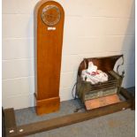 An electric copper backed fire and a metal fire fender and an Art Deco small longcase clock