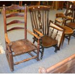 A ladder back rocking chair, a 20th century Windsor armchair, another armchair and a fire screen (