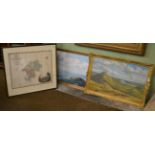 An oil on canvas seascape, unsigned; an oil on board of a highland scene with figures and sheep,