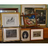 Six prints depicting figures with horses, a portrait of a lady and a G Morland print titled ''A