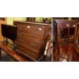 A small reproduction mahogany four height chest of drawers, a small occasional table and a fold over