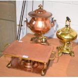 A copper samovar, a brass kettle and a copper food warmer (3)