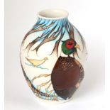 A modern Moorcroft pottery The Pheasants Of Snow Hollow pattern vase by Emma Bossons, 91/100, with