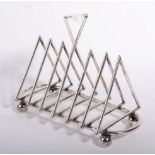 A silver plated toast rack, possibly designed by Christopher Dresser, of triangular form,