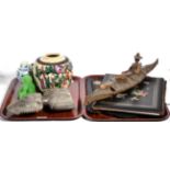 A group of Oriental items including a small blue and white vase, mother of pearl inlaid writing pad,